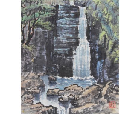 Wu Jiankun (Chinese, B. 1935) "Yellow Dragon Pool in Lushan Mountains" Stamped lower right. Original Mixed Media painting on 