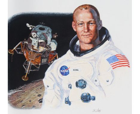 David K. Stone (American, 1922 - 2001) "Edwin Aldrin" Signed lower right. Original Oil painting on Masonite. Provenance: Coll