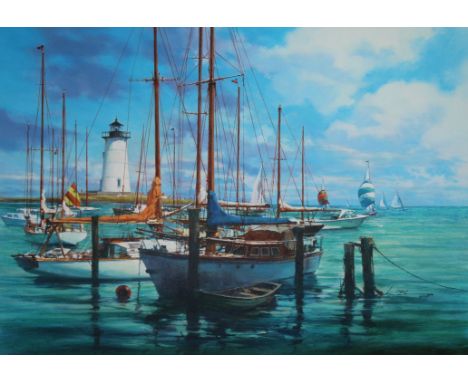 Dennis Lyall (American, B. 1946) "Harbor Scene with Lighthouse" Signed and dated ('89) lower right. Original Oil painting on 