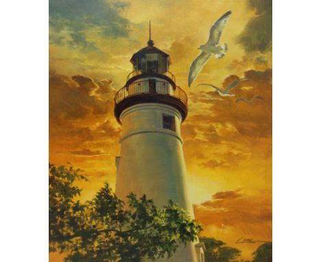 Dennis Lyall (American, B. 1946) "Marblehead, Lake Erie Lighthouse" Signed lower right. Original Oil painting on Illustration