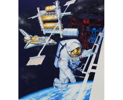 Chris Calle (American, B. 1961) "Space Shuttle Transporting Mail" Signed lower left. Original First Day Cover Mixed Media pai