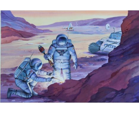 Vladimir Beilin (Russian, 20th C.) "USSR/US Cosmonauts/Astronauts Exploring" Original Watercolor painting. Provenance: Collec