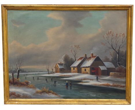 19th C. Dutch Winter Skating Scene with Figures. Appears to be unsigned. has not been examined out of frame. Oil on canvas. S