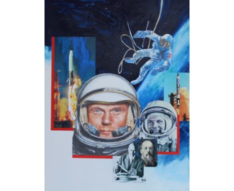 Chris Calle (American, B. 1961) "Space Exploration" Signed lower right. Mixed Media on Illustration Board. Provenance: Collec