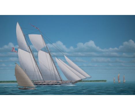 Keith Reynolds (American, B. 1929) "U.S. Naval Schooner Dolphin" Signed lower right. Oil painting on Canvas Board. Provenance