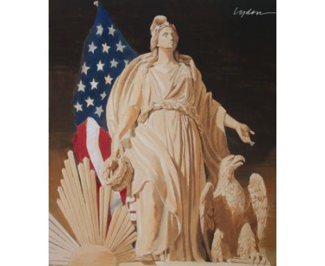 Tom Lydon (American, B. 1944) "Progress of Civilization Statue" Signed upper right. Original Mixed Media painting on Illustra