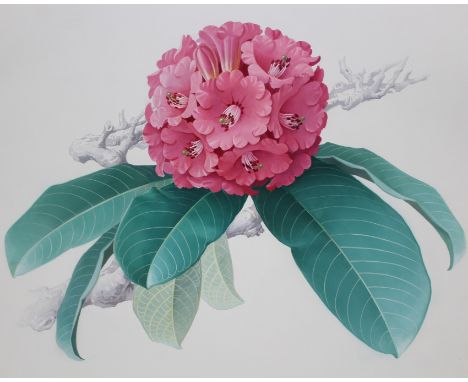 Zeng Xiaolian (B. 1939) "Rhododendron Giganteum" Original First Day Cover watercolor. Provenance: Collection of James A. Helz