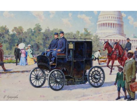 Ivan Akimovich Sushchenko (Russian, B. 1930) "First Electric Automobile" Signed lower left. Original Oil painting on Masonite