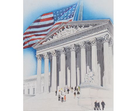 Jim Butcher (American, B. 1944) "Flag over Supreme Court" Signed lower right. Original Mixed Media painting on Illustration B