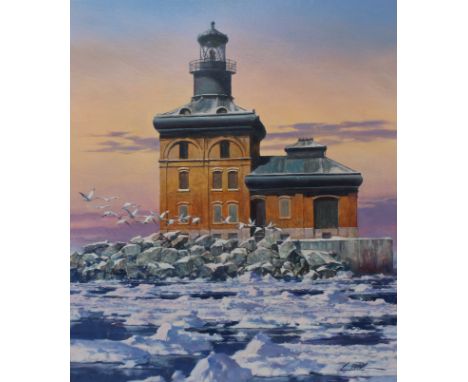Dennis Lyall (American, B. 1946) "Great Lakes Lighthouse" Signed lower right. Original Oil painting on Illustration Board. Pr