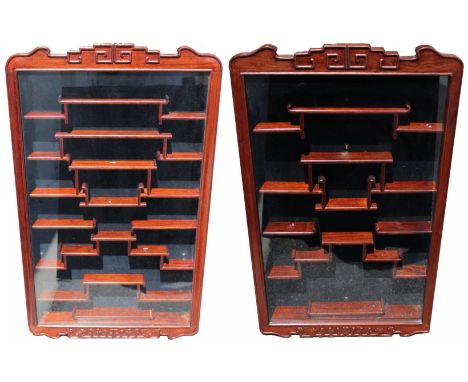 Pair, Lacquered WoodGlass Netsuke Display Cases.  Each Cabinet constructed with a black velvet lining behind tiered shelves. 