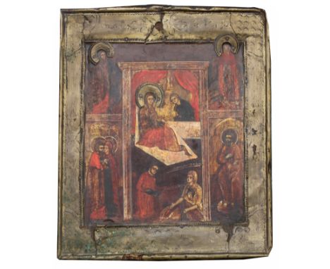 Exhibited Russian icon, "Birth of the Mother of God". Oil/wood/brass. 19th Century. Saint Anna reclines while a midwife and a