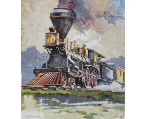 John Swatsley (American, B. 1937) "The Adam Brown Locomotive" Signed lower left. Original oil on Illustration Board. Provenan