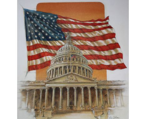 Ron Sloan (American, B. 1950) "U.S. Flag Behind Capitol" Signed lower right. Original Mixed Media painting on Illustration Bo