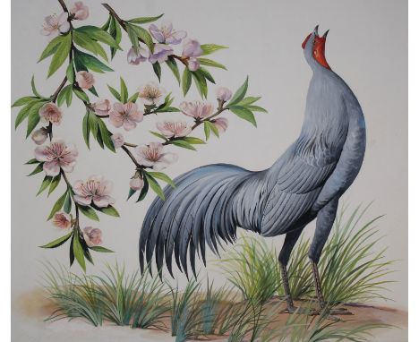 Arthur Singer (New York, 1917 - 1990) "Blue Hen and Peach Blossom" Signed lower left. Original Watercolor painting on Illustr