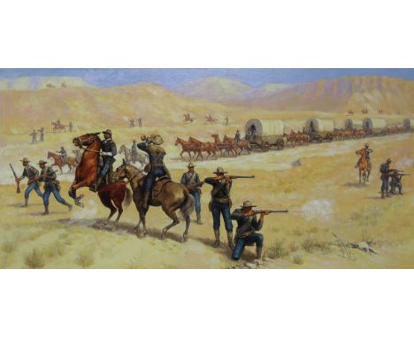 Gherman Alexeyvich Komlev (Russian, 1933 - 2000) "Troops Guarding Wagon Train" Signed lower right. Original Oil painting on C