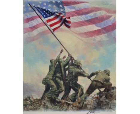 Dennis Lyall (American, B. 1946) "Flag Raised at Iwo Jima" Signed lower right. Original Oil painting on Canvas board. Provena