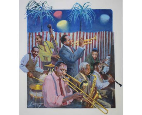 George Sottung (American, 1927 - 1999) "Jazz Music Legends Band" Signed lower left. Original Oil painting on Illustration Boa