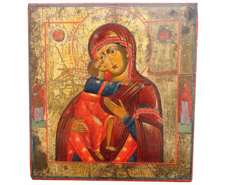 Exhibited Antique Russian Icon, "Feodor Mother of God". Tempera/wood. This icon takes its name from Saint. Theodore (Feodor) 