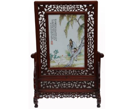 Large Chinese Porcelain Table Screen, Signed upper left. Depicting figures with two geese underneath a tree. Provenance: Impo