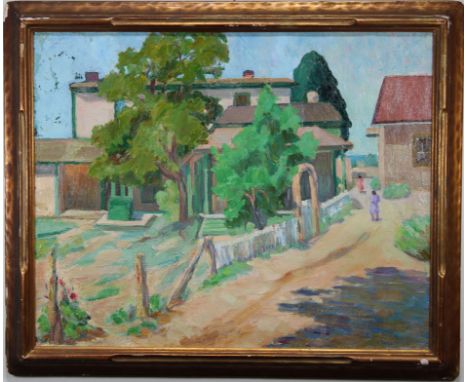 Laura Hoernig (Missouri, New Mexico, 1872 - 1957) Southwest American Village Scene with Figures. Oil on canvas. Inscribed ver