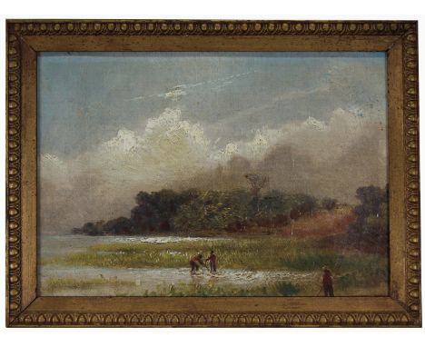 American School, Painting of Figures Clamming. Oil on canvas laid on board. Appears to be unsigned, has not been examined out