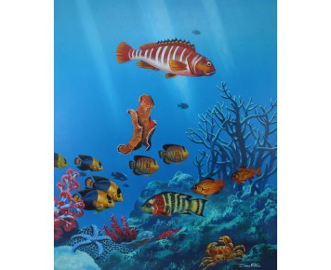 Dean Ellis (New York, 1920 - 2009) "Tropical Fish" Signed lower right. Original Oil on Masonite. Provenance: Collection of Ja