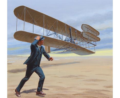 Ed Vebell (American, 1921 - 2018) "Wright Brothers Fly Kitty Hawk" Signed lower right. Original Acrylic painting on Masonite.