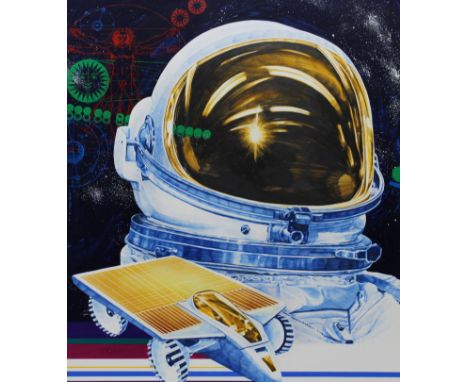 Chris Calle (American, B. 1961) "Futuristic Automobile/Astronaut" Signed lower left. Original First Day Cover Mixed Media pai