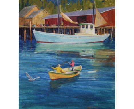 Skip Whitcomb (American, B. 1946) "Fishing Boat Tied Up" Signed lower right. Original Watercolor on Illustration Board. Prove