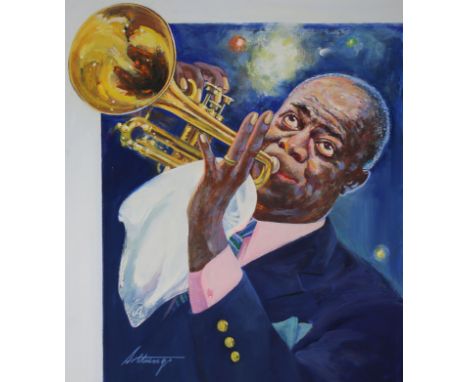 George Sottung (American, 1927 - 1999) "Louis Armstrong" Signed lower left. Original Oil painting on Illustration Board. Prov