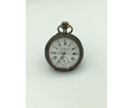 800 Silver, 15 Rubies Spiral Breguet, Size 17s, Roman Numerals, Ornate Gold Hands, Damage to Porcelain Face, Mechanical: Hand