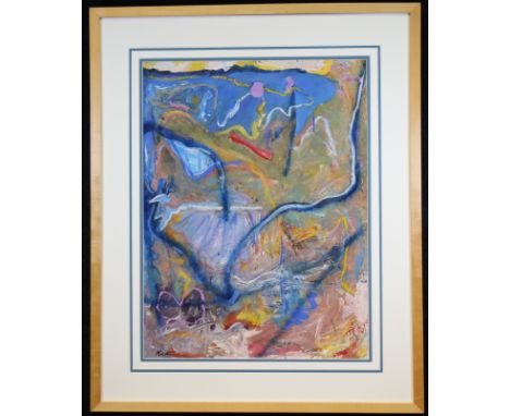 Thomas Koether (New York, Florida, Europe, Australia, b. 1940) Abstract Painting. Titled "Blue Meander" Dated: '94 Oil on Pap