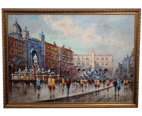 Signed Impressionist French Street Scene with Figures painting. Signed lower right. Oil on canvas. Sight Size: 19 x 27 in. Ov