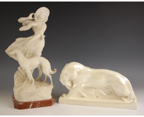 An Art Deco style animal group by John Skeaping for Wedgwood titled 'Escape', late 20th century, modelled as a tiger dragging