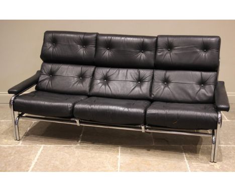 Tim Bates for Pieff an Alpha sofa and swivel armchair, circa 1970, the black leather sofa upon a chromed tubular frame with r