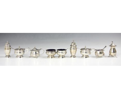 A selection of silver mounted items, including a pair of George V open salts, William Neale, Birmingham 1929, of urn form wit