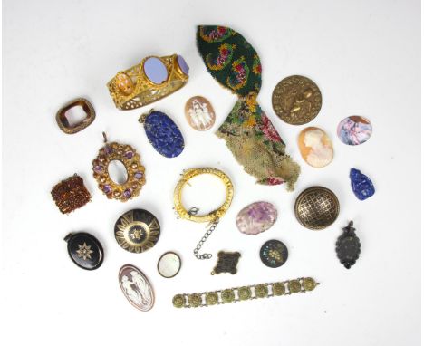 A selection of costume jewellery, including gilt metal banded agate set bangle, of openwork form with rope twist detail, lapi