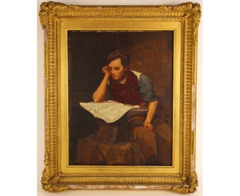 Manner of John Donaghy (American, 1838-1931),Portrait of a seated blacksmith reading a newspaper,Oil on canvas,Unsigned,45cm 