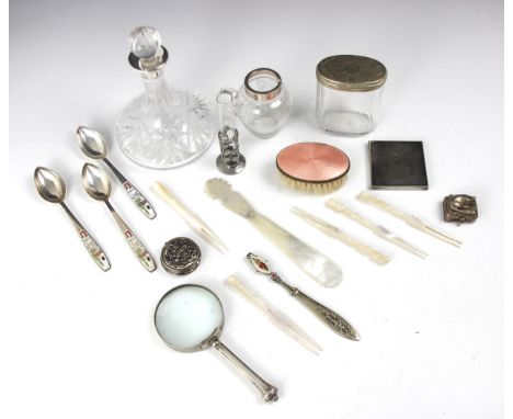 A selection of assorted silver and silver plate mounted items, to include: a silver collared decanter and associated stopper,