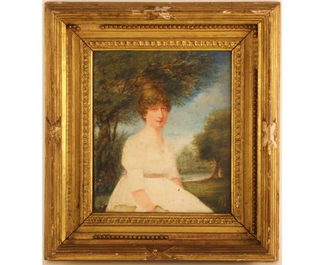 English school (early 19th century),A half length portrait of Mary Jane Ormsby-Gore (1781-1869) seated before a lake,Watercol