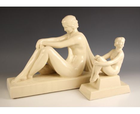 A French Art Deco style figure by L & V Ceram, 20th century, modelled as a seated female nude with knees raised and draped ro