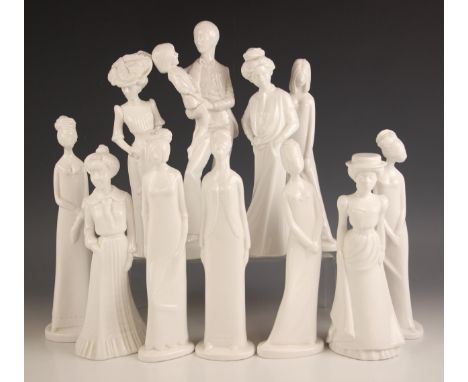 Eleven Spode blanc de chine figures, 20th century, each designed by Pauline Shone, to include: 'Olivia', 24.5cm high; 'Victor