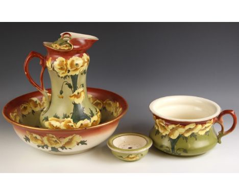 A Gibsons &amp; Sons pottery wash set, comprising; a water jug and cover,35 cm high, a water basin, 13cm high, a soap dish an