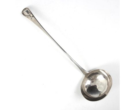 A George III Old English pattern silver soup ladle, possibly James Wilks, London 1775, the terminal with vacant cartouche and