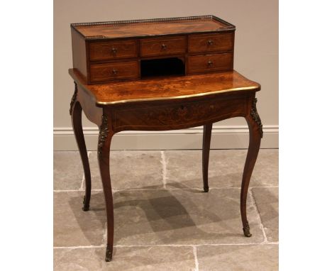 A French Louis XV style rosewood and marquetry bonheur de jour, late 19th/early 20th century, the superstructure raised back 