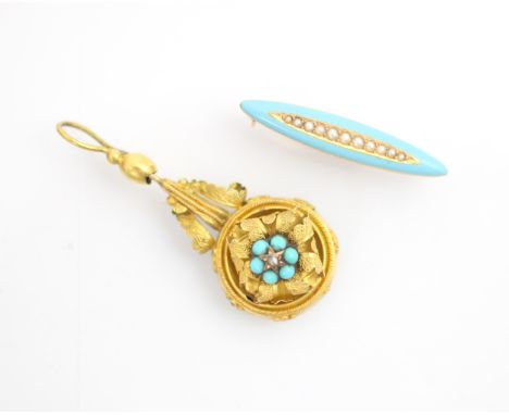 A 19th century style gold coloured diamond set drop (possibly an earring) the pendant bale suspending cannetille work detaile