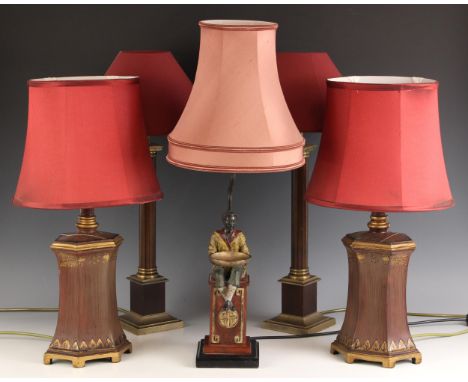 A painted metal figural table lamp by Jenny Worrall Designs, modelled as a seated oriental gentleman sat atop a faux red marb