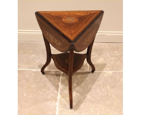 A Victorian rosewood and marquetry drop leaf occasional table, the triangular top centred with an inlaid foliate roundel, ope