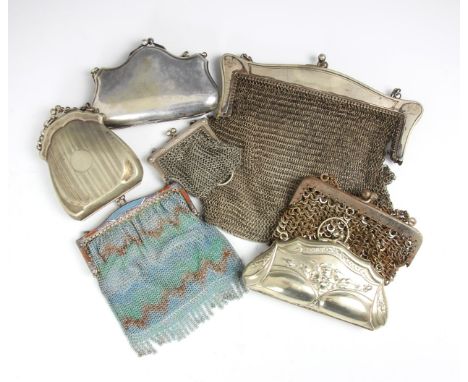 A selection of seven silver plated, white metal and chain mail mesh evening purses, 20th century and later, to include an Art